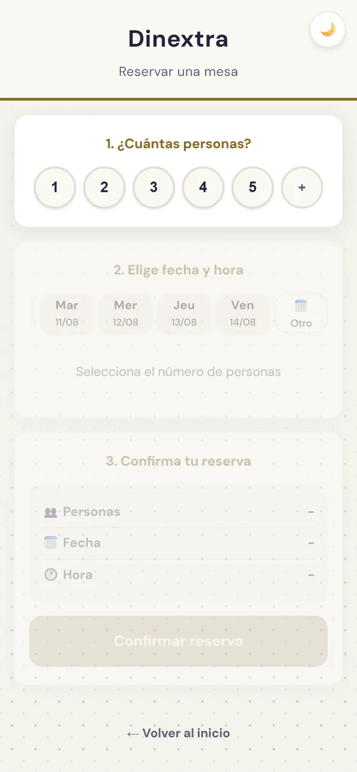 Pantalla de reserva de mesa